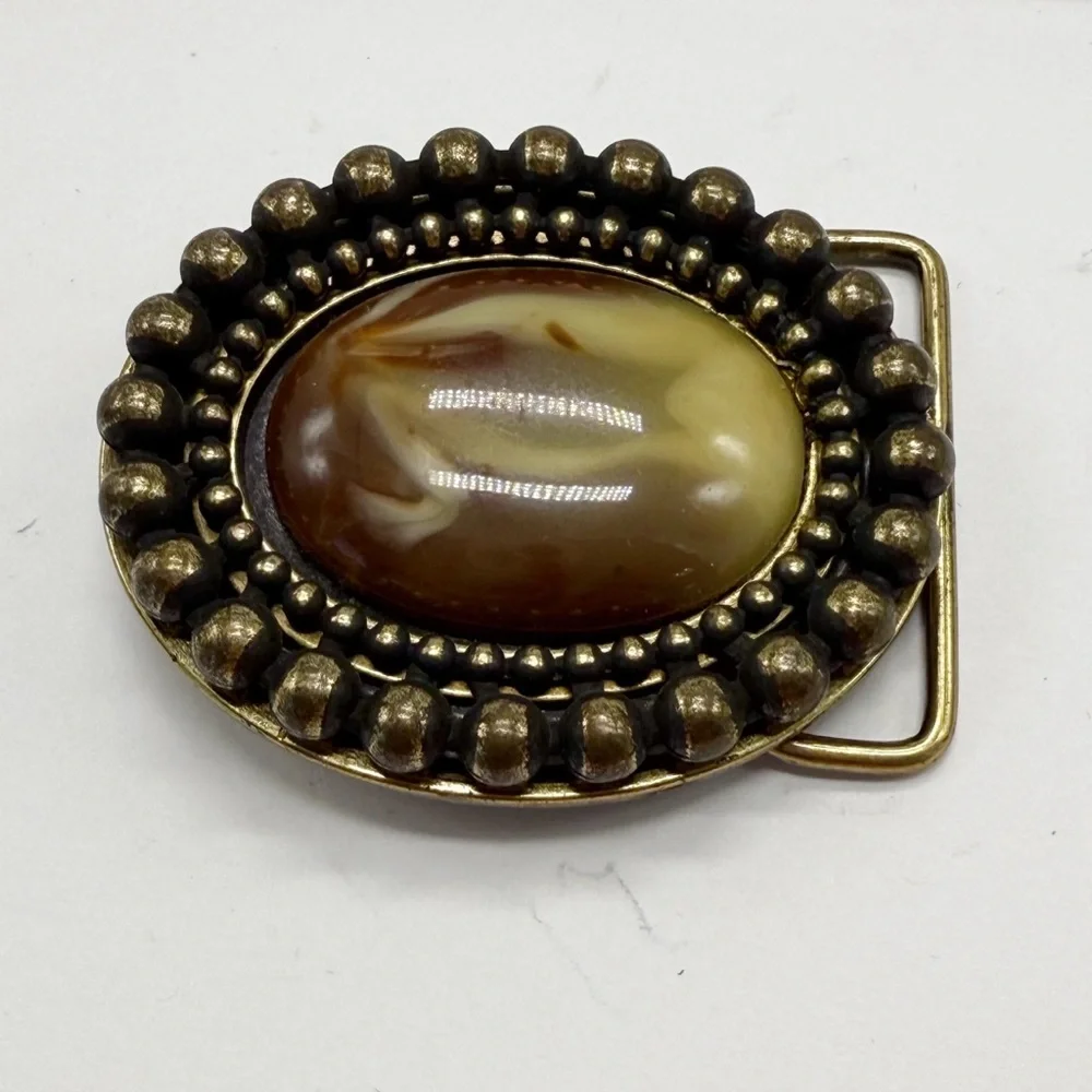 Vintage Oval Brass Belt Buckle with Brown and Cream Stone Small
